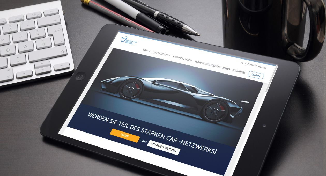 Ansicht der Website car e.V. auf einem Tablet.