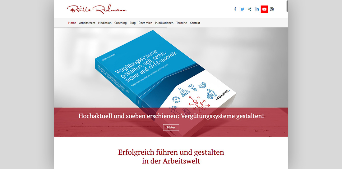 Britta Redmann hat ein neues Buch herausgebracht, in dem sie sich mit Unternehmensstärkung und Mitarbeiterbindung auseinandersetzt. Auf ihrer von etcetera neu eingerichteten Website findet sich unter anderem ein Blog, in dem sie über Arbeitsrecht, agiles Arbeiten, Meditation und Coaching spricht.