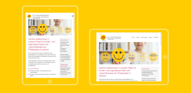 Zwei Ansichtsarten der Website der Praxis von Dr. Viola Rückforth auf einem Tablet.